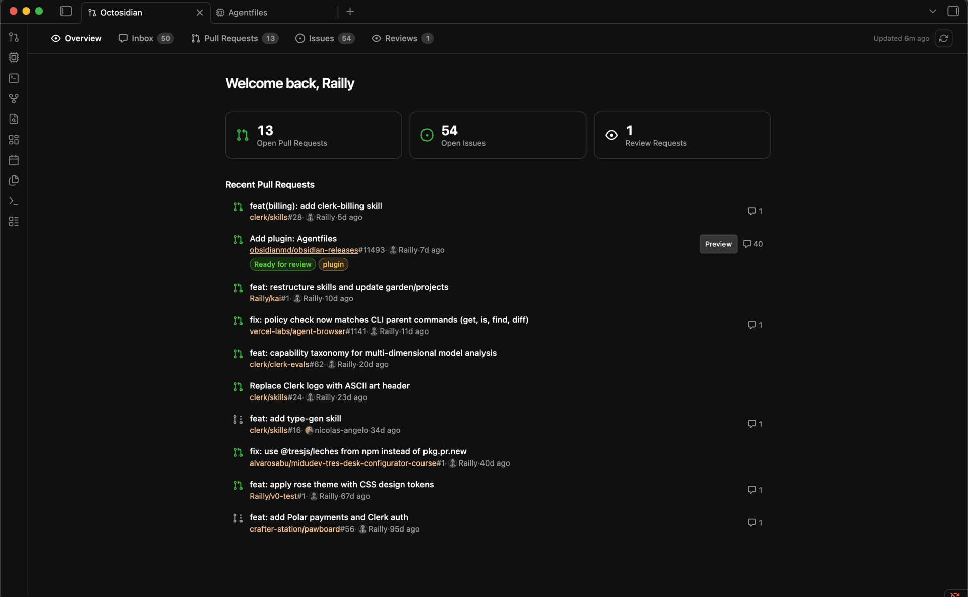Octosidian overview tab inside Obsidian showing open pull requests, issues, and review counts